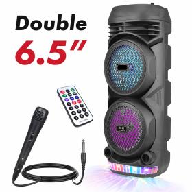 مكبر صوت بلوتوث مزدوج مكبر صوت LED ديناميكي، ميكروفون، 800 وات، USB/SD، راديو FM، بطارية قابلة للشحن CH-6612