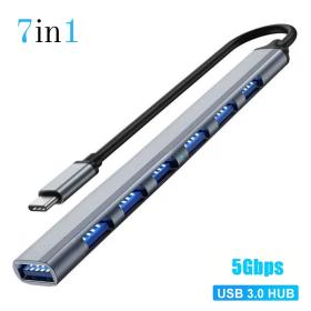 موزع USB متعدد المنافذ من الألومنيوم مع 7 محولات USB-C 3.0 لجهاز MacBook - فضي