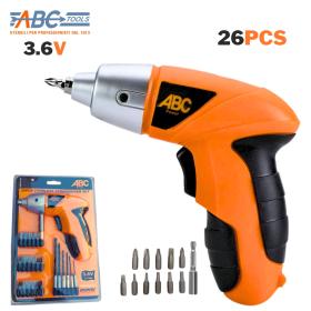 مفك براغي مثقاب ببطارية ليثيوم لاسلكية ABC 3.6 فولت قابل لإعادة الشحن مع 26 قطعة من القطع