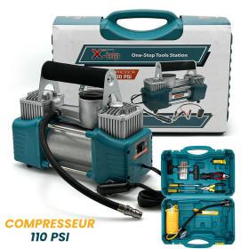 XTop Compresseur d’Air Double Cylindre avec Kit de réparation 12V -110PSI – نافخ عجلات السيارة مع أدوات التصليح